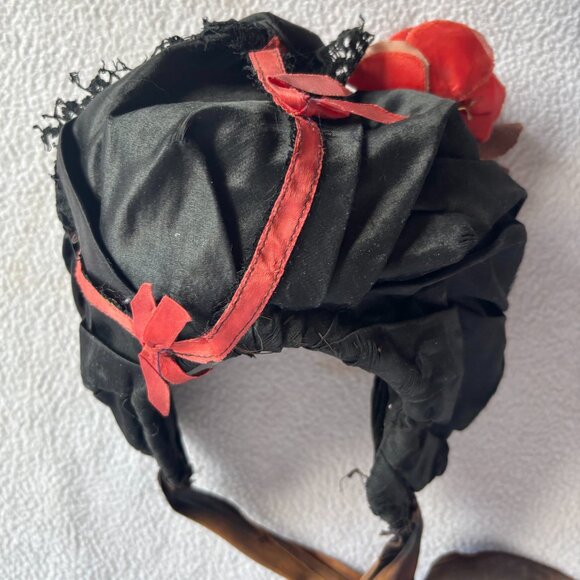 Antique Victorian Black Silk & Velvet Bonnet with Flower main image 5